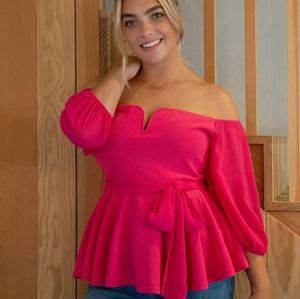 Notched off shoulder belted peplum top